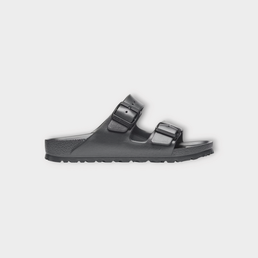 Drop Birkenstock Arizona EVA sandals in anthracite grey with dual adjustable buckle straps and contoured footbed