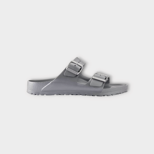 Drop Birkenstock Arizona EVA sandals in metallic silver with two adjustable straps and contoured footbed