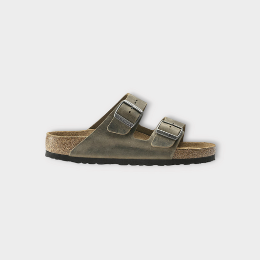 Drop Birkenstock Arizona soft footbed sandals in faded khaki oiled leather with two adjustable metal buckle straps