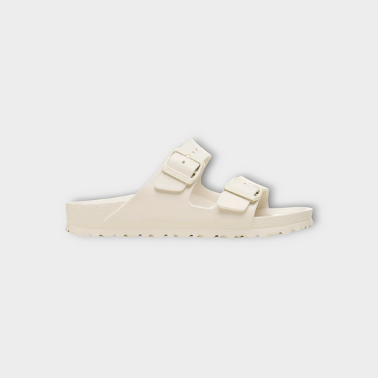 Drop Birkenstock Arizona EVA sandals in eggshell white with dual adjustable straps and contoured footbed