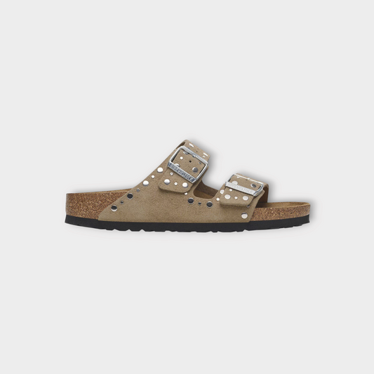 Drop Birkenstock Arizona taupe suede sandals with silver rivet stud detailing and adjustable metal buckles