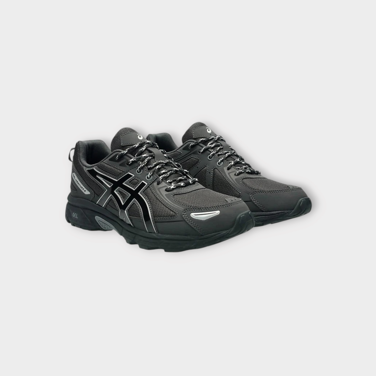Drop Asics GEL-Venture 6 running shoes in graphite grey and pure silver with mesh upper and patterned laces