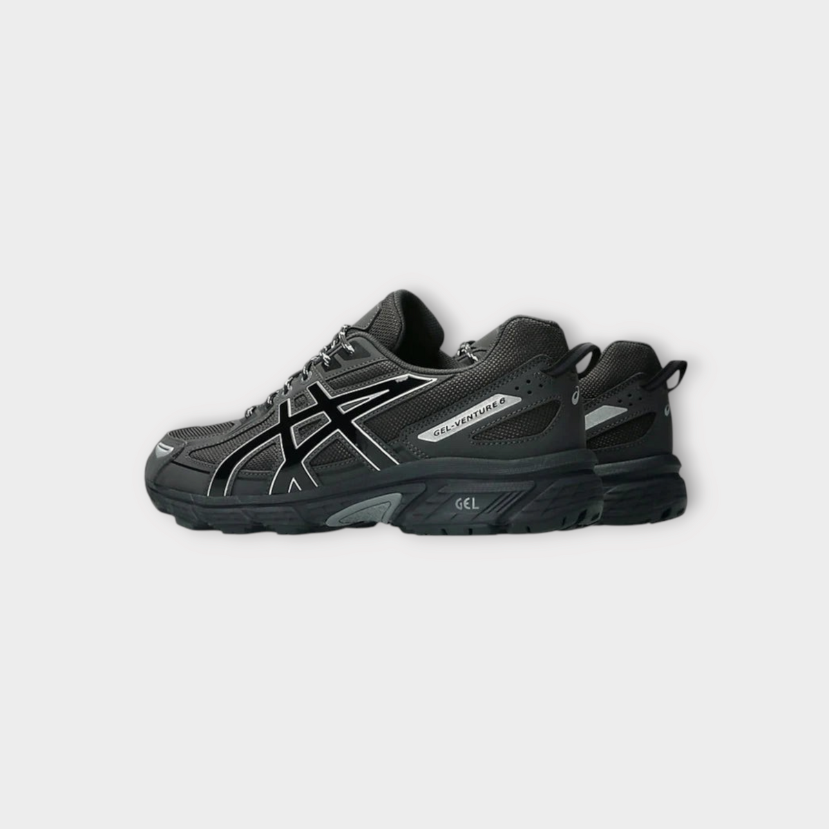 Drop Asics GEL-Venture 6 running shoes in graphite grey and pure silver with mesh upper and side logo detail