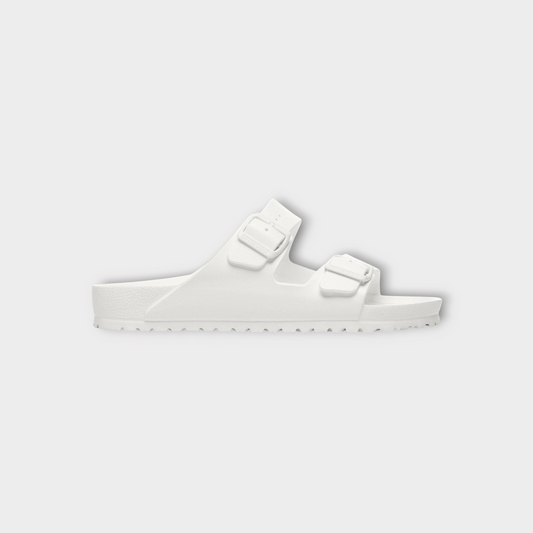 Drop Birkenstock Arizona EVA sandals in white with dual adjustable straps and contoured footbed