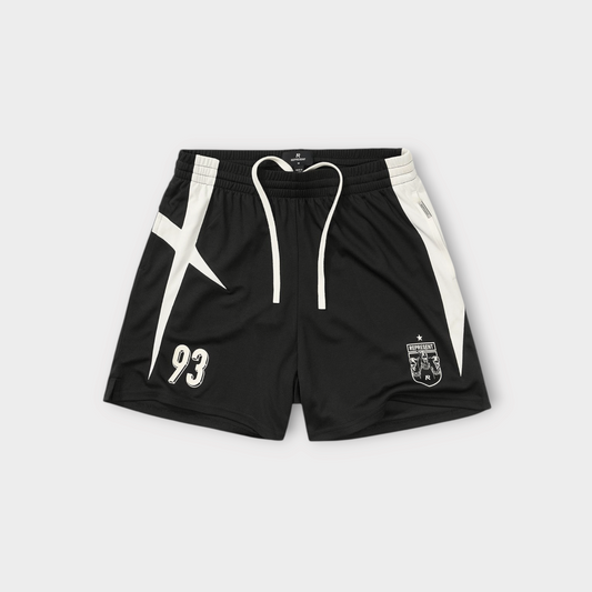 Drop Represent Star Football Panelled Jet Black shorts with white star graphics, number 93, and logo patch.