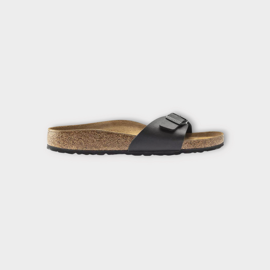 Drop Birkenstock Madrid BS black slide sandal with single adjustable strap and contoured cork footbed