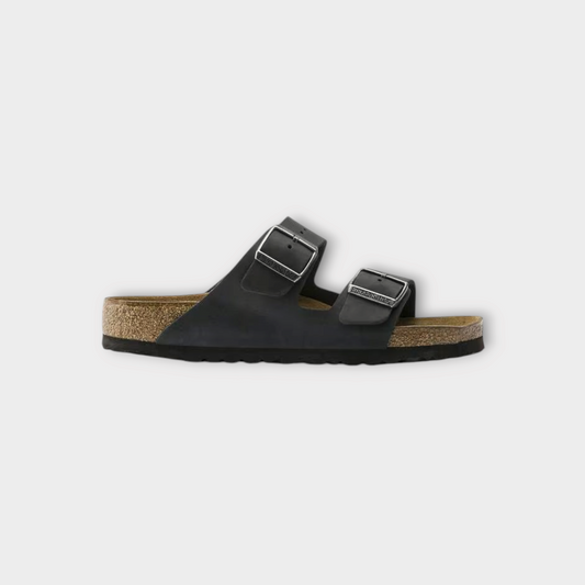 Drop Birkenstock Arizona soft footbed sandals in black with two adjustable straps and cork midsole