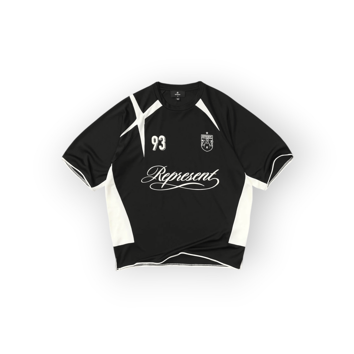 Drop Represent Star Football jet black jersey with white accents, number 93 graphic, and logo detailing.