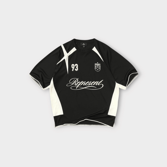 Drop Represent Star Football jet black jersey with white accents, number 93 graphic, and logo detailing.