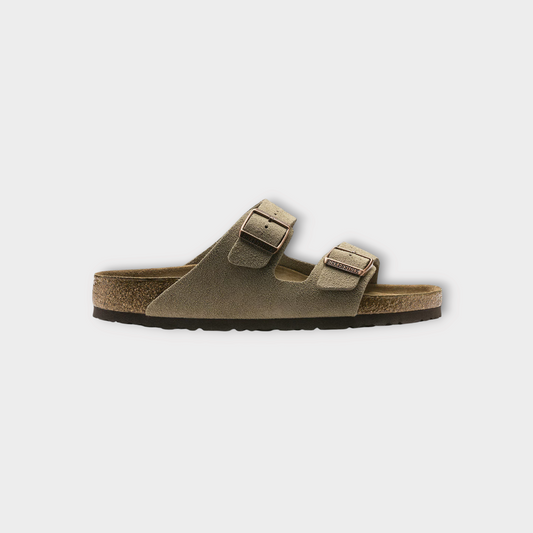 Drop Birkenstock Arizona soft footbed sandals in taupe suede with two adjustable straps and cork midsole