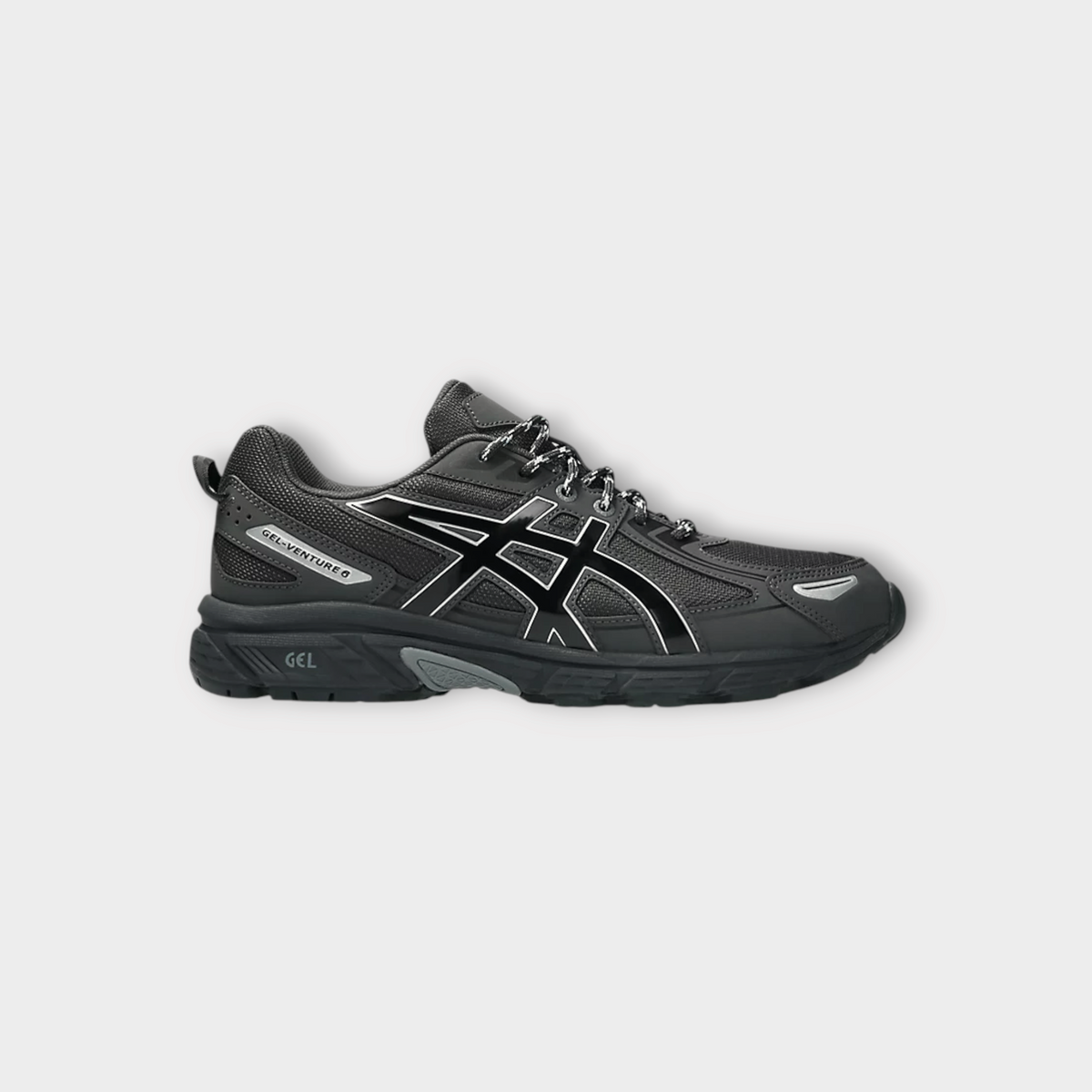 Drop Asics GEL-Venture 6 trail running shoes in graphite grey and pure silver with mesh and synthetic overlays