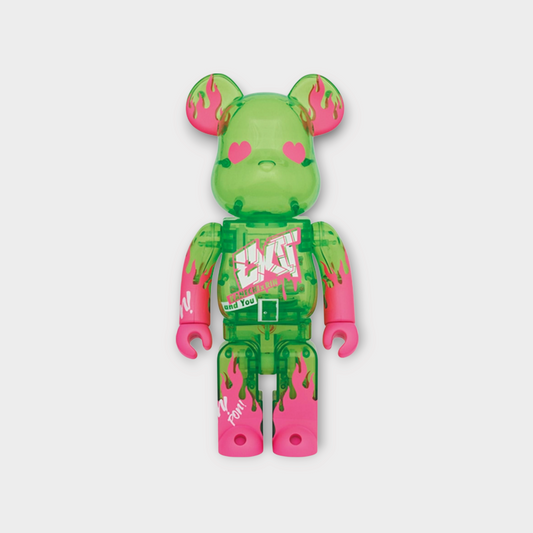 Drop Bearbrick Exit 400% collectible figure in translucent green and pink with flame and heart eye graphics