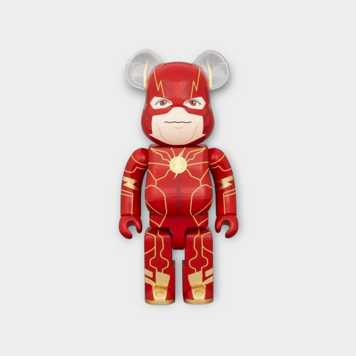 Drop Bearbrick 400% The Flash collectible figure in iconic red and gold suit with translucent ears