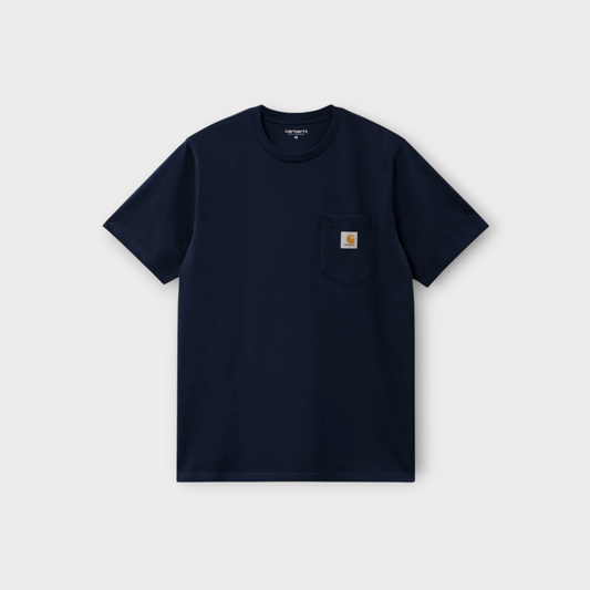 Drop Carhartt WIP short sleeve dark navy cotton t-shirt with a chest pocket and logo patch
