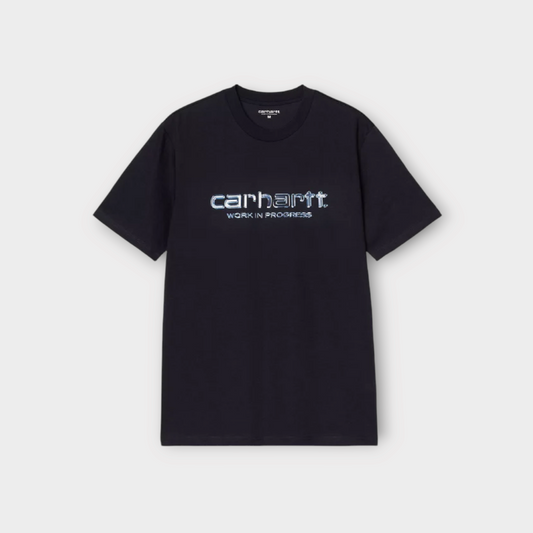 Drop Carhartt WIP black cotton t-shirt featuring a metallic solar chrome script logo on the chest