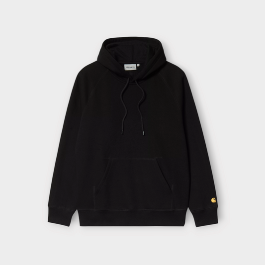 Drop Carhartt WIP Hooded Chase Sweat in black with gold logo embroidery on the sleeve and a front kangaroo pocket.