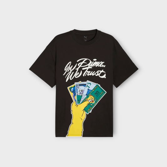 Drop Puma Commissioner Dylan T-Shirt IV in black featuring a graphic of a hand holding money and In Puma We Trust text