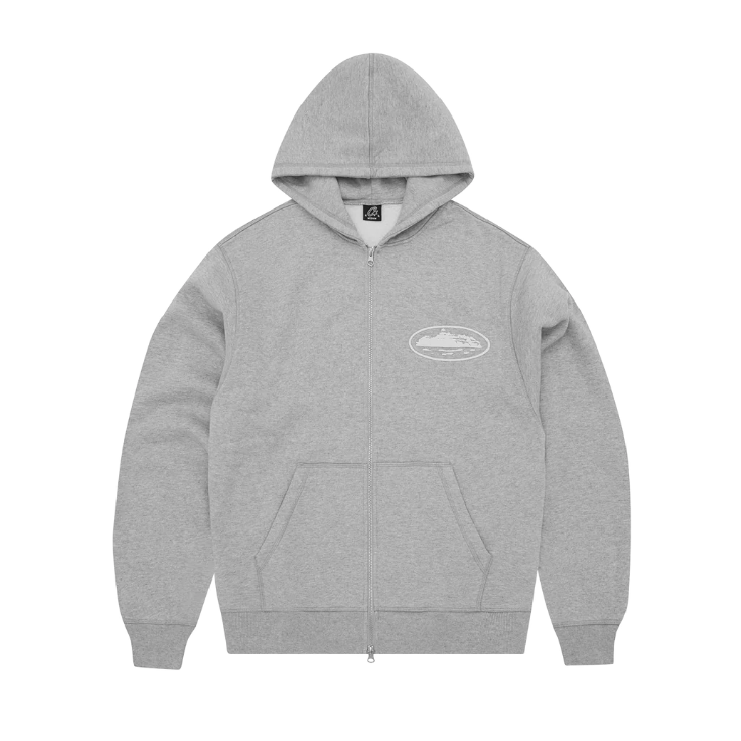 Corteiz Island Puff Print Heather Grey Zip Up Hoodie