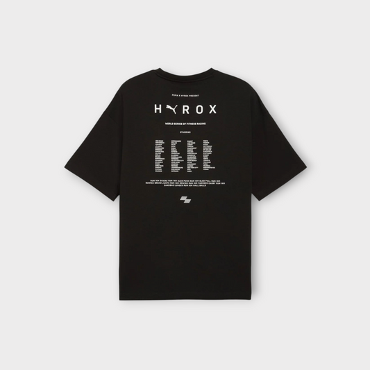 Drop PUMA x HYROX black lifestyle t-shirt featuring white graphic print of fitness racing event locations on the back