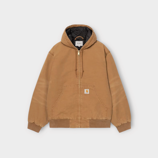 Drop Carhartt WIP Active Jacket in Hamilton Brown with a quilted black lining and front pouch pocket