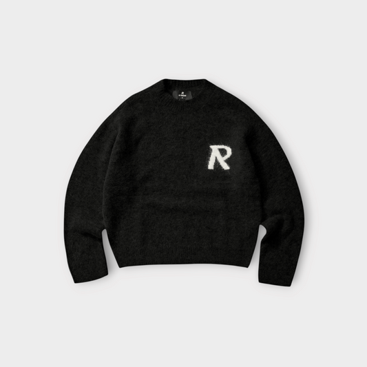 Drop Represent black fuzzy knit sweater with a white embroidered R logo on the chest