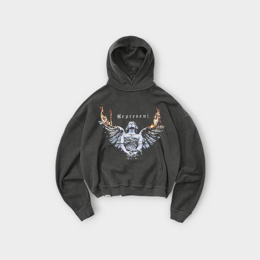 Drop Represent Reversible Living Legacy Tour hoodie in sun fade grey with graphic angel and fire print