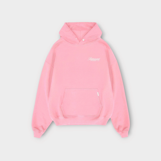 Drop Represent Owners Club pink hoodie with white script logo and front kangaroo pocket