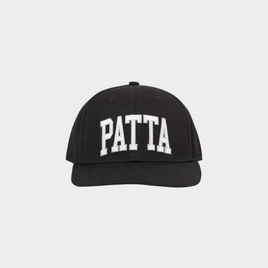 Drop Patta Arc Logo snapback cap in black with white embroidered lettering on the front panel