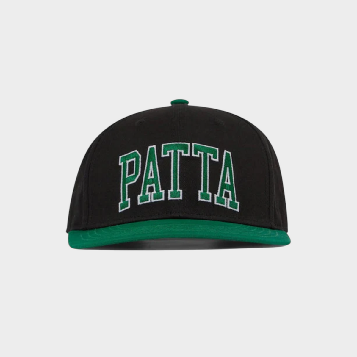 Drop Patta Arc Logo snapback cap in black with a green brim and embroidered green collegiate-style lettering.