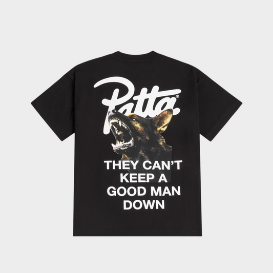 Drop Patta Bark black cotton t-shirt featuring a graphic of a barking dog and text on the back