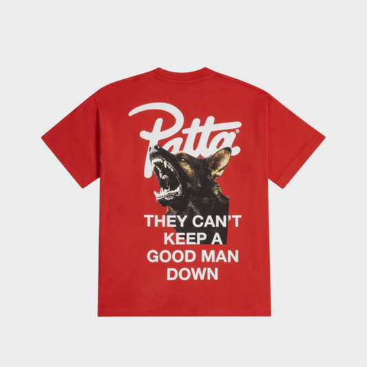 Drop Patta Bark T-Shirt in racing red featuring a graphic print of a barking dog and text on the back