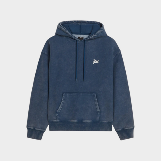 Drop Patta Classic acid washed hooded sweater in estate blue with white logo embroidery and front kangaroo pocket.