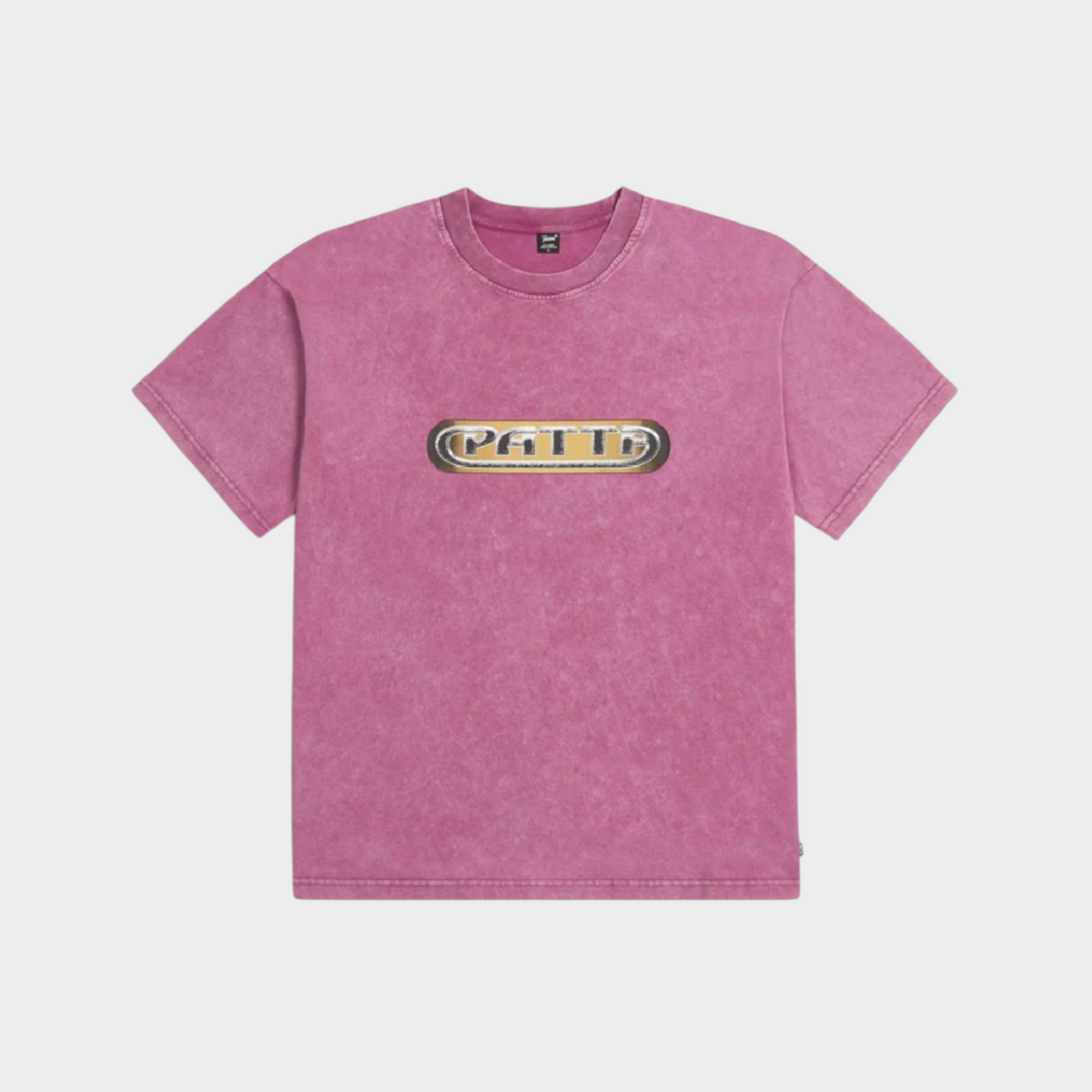 Drop Patta Gilded Acid Washed T-Shirt in boysenberry pink with a metallic-style logo graphic on the chest.