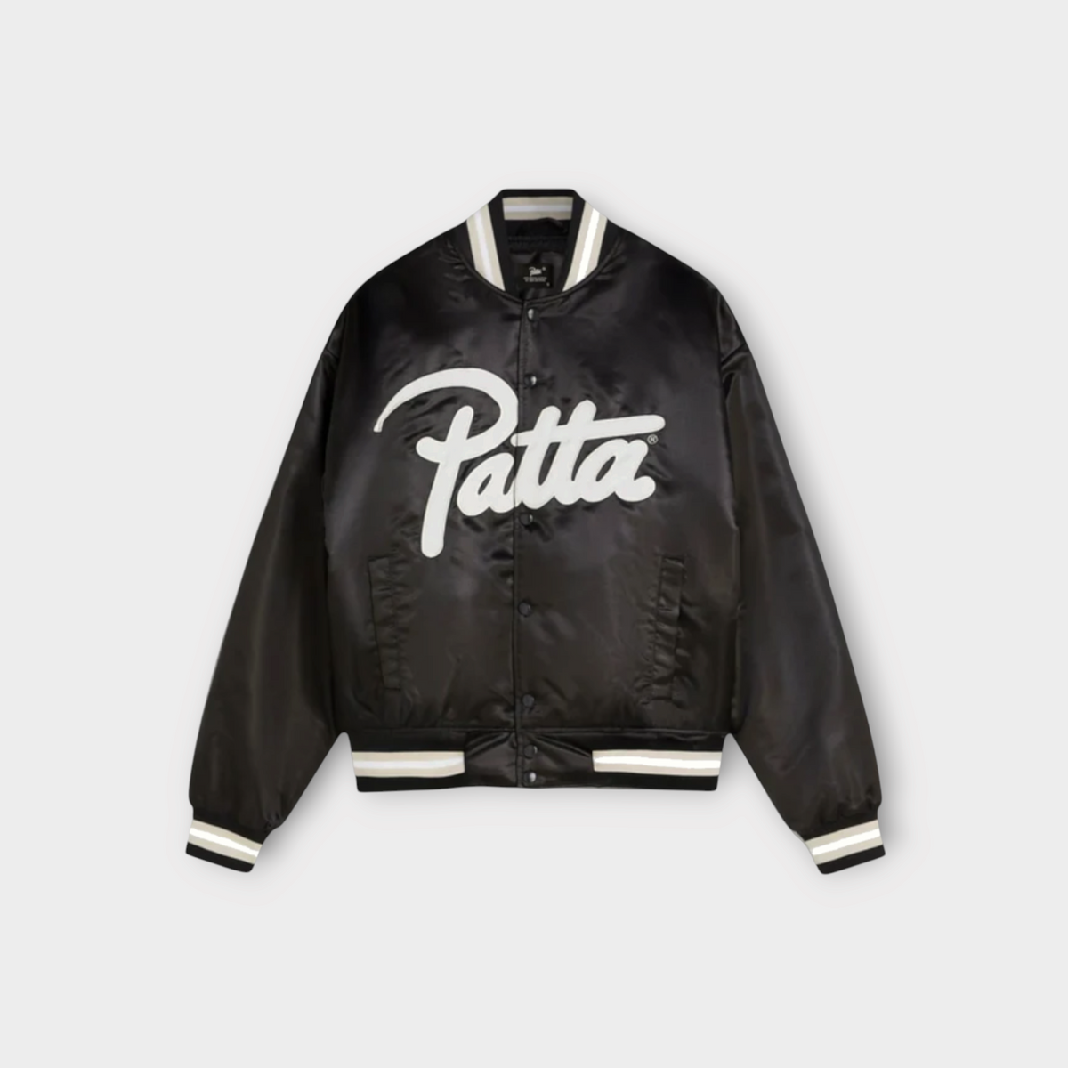 Drop Patta black satin varsity jacket with white script logo embroidery and striped ribbed trim