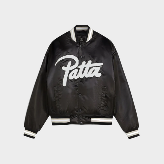Drop Patta black satin varsity jacket with white script logo embroidery and striped ribbed trim