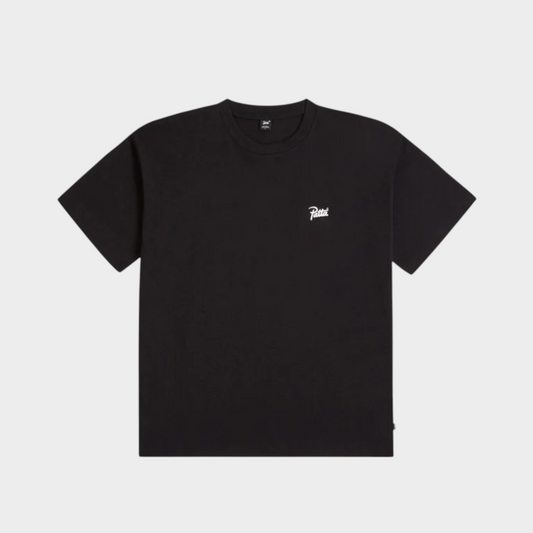 Drop Patta Script Logo T-Shirt in black with a small white embroidered logo on the chest