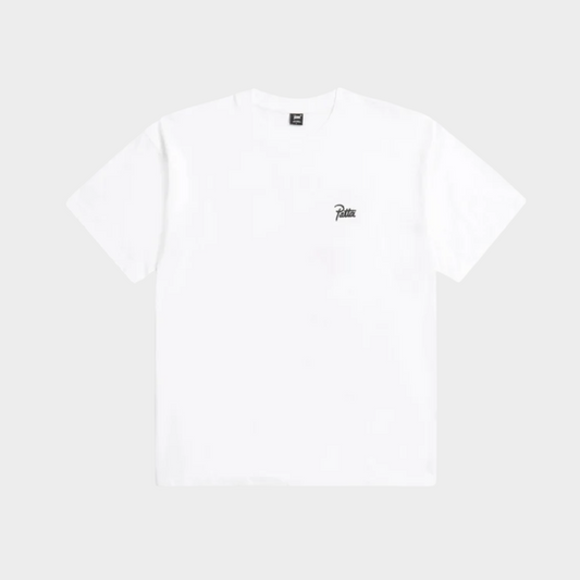 Drop Patta white short-sleeve t-shirt with a small black script logo on the chest