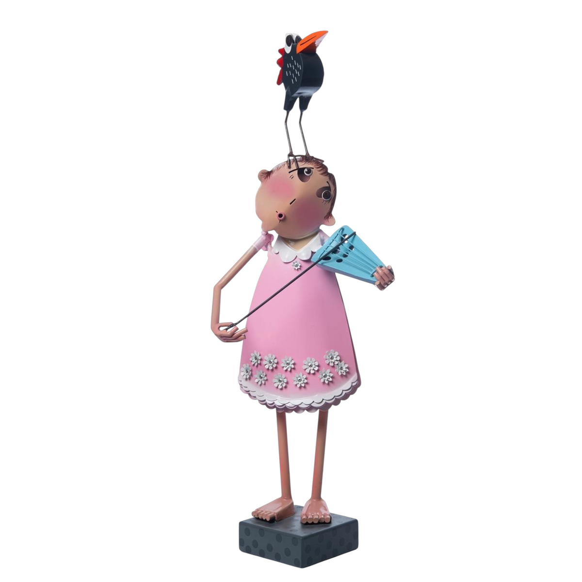 Drop Nevine Farghaly iron sculpture of a girl in a pink dress with a bird on her head and a blue fan