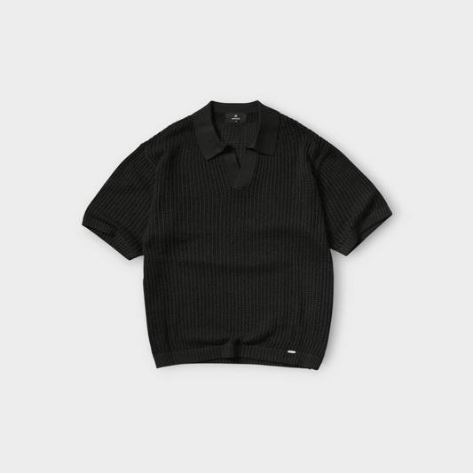 Drop Represent Beverly knit polo shirt in jet black with a textured open-knit design and classic collar.