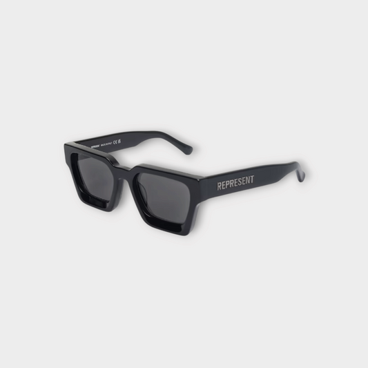 Drop Represent California sunglasses in jet black with black lenses and branded temples, viewed from a side angle.