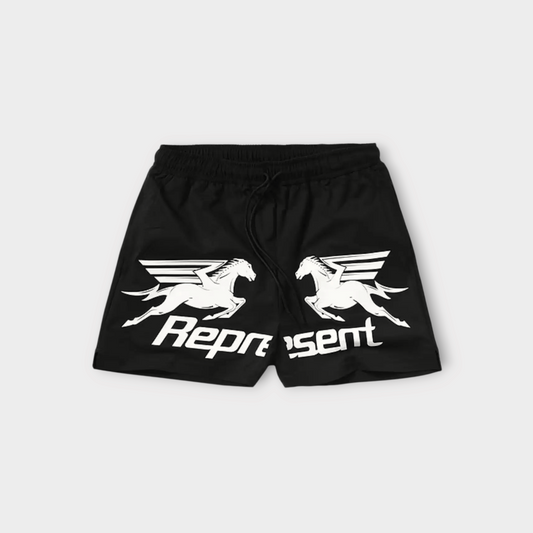 Drop Represent Nothing Faster swim shorts in jet black with white winged horse graphic and elastic drawstring waist