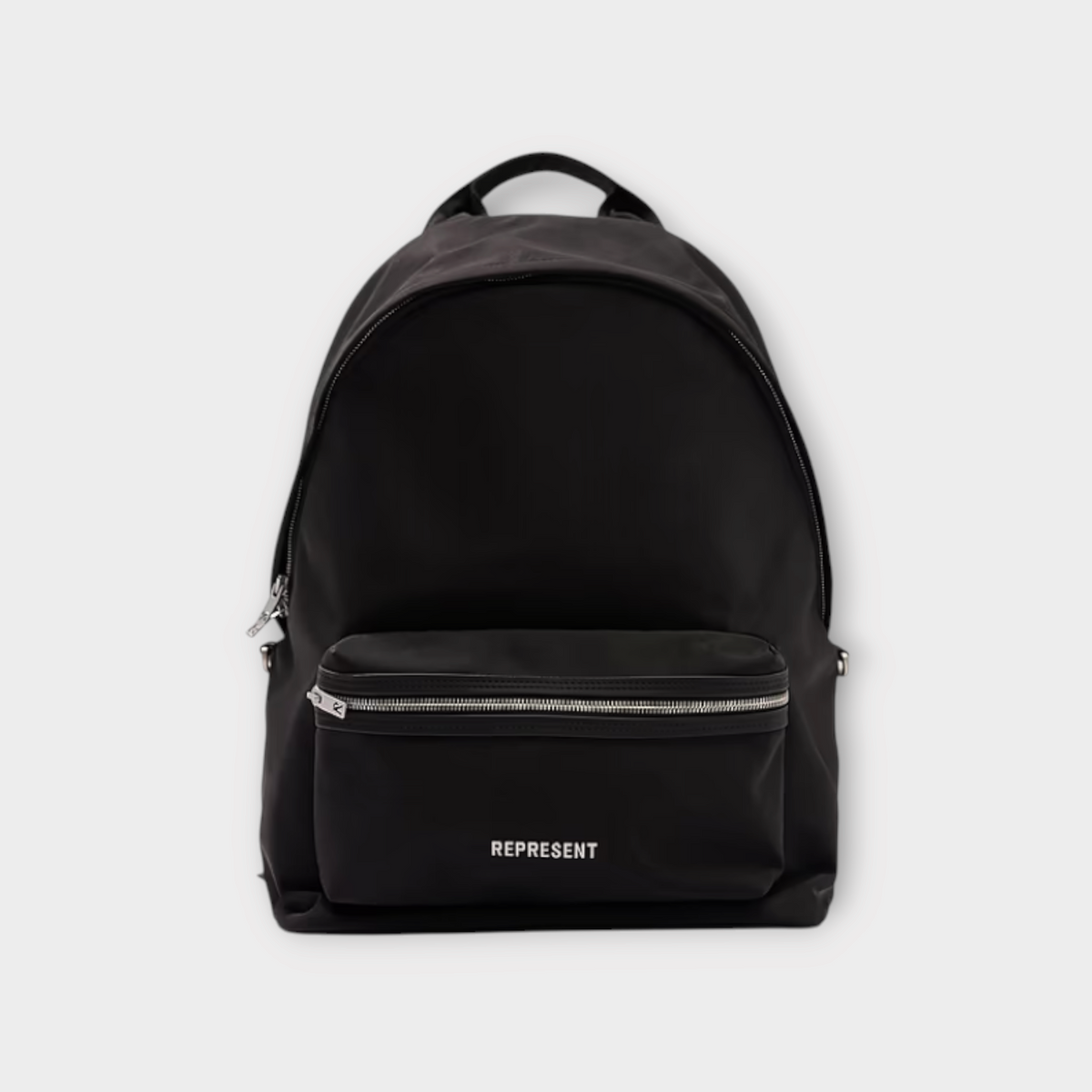 Drop Represent black nylon backpack with a front zip pocket and white logo branding