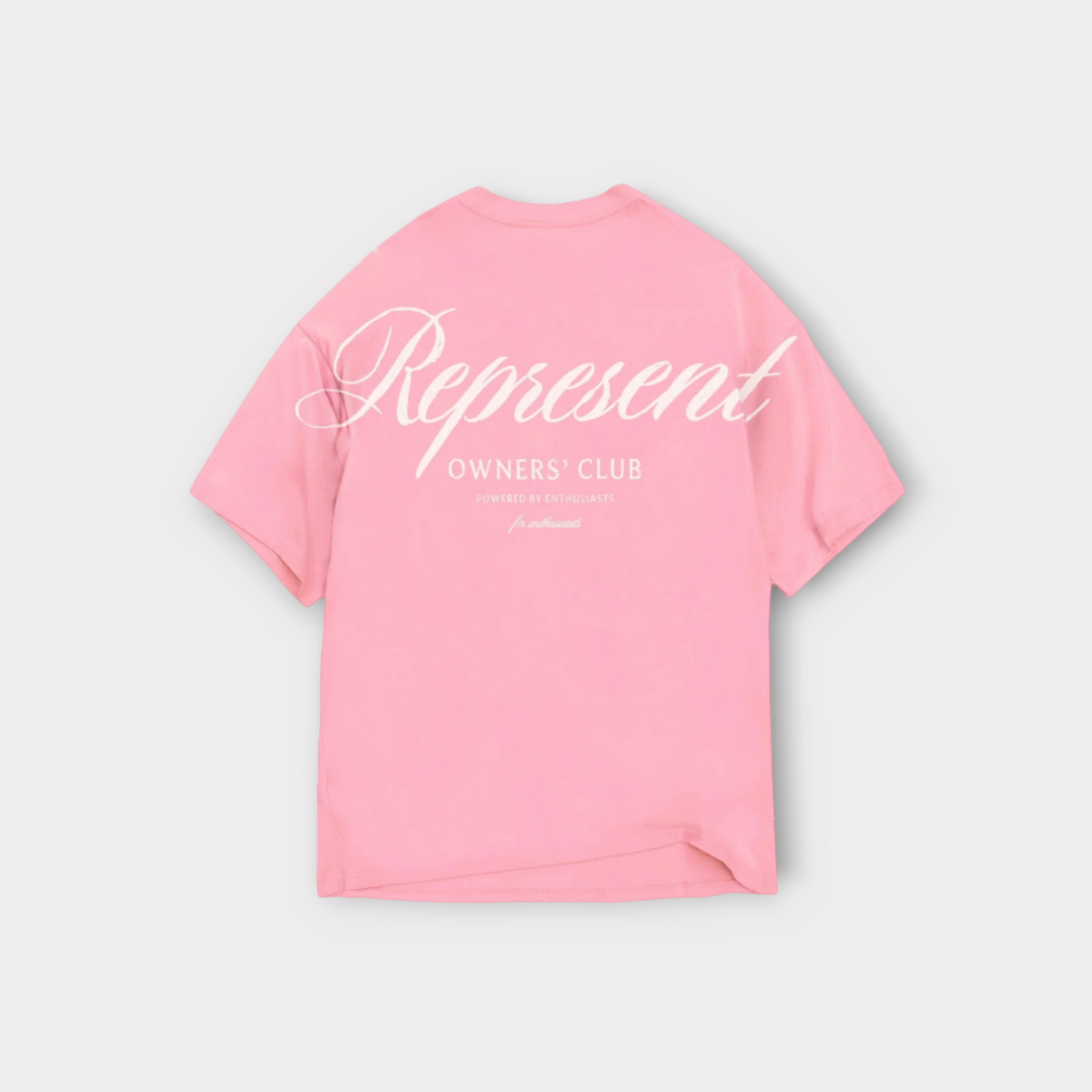 Drop Represent Owners Club script pink t-shirt with white back graphic logo
