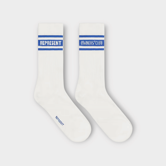 Drop Represent Owners Club socks in white with cobalt blue striped branding and text detail