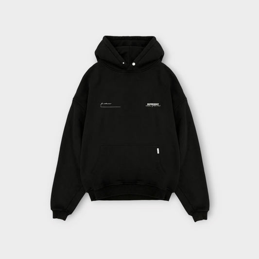 Drop Represent Patron Of The Club black hoodie with white chest graphic and front kangaroo pocket