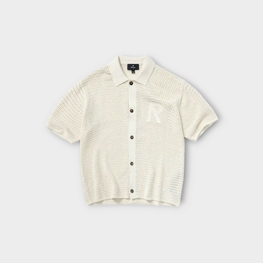 Drop Represent Pico knit shirt in ecru featuring a button-down front, collar, and subtle R logo embroidery.