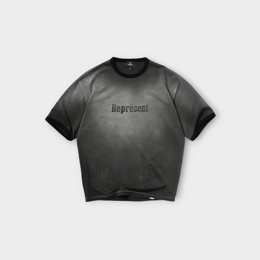 Drop Represent Ringer T-Shirt in stained black with a vintage wash, crew neck, and embroidered chest logo.