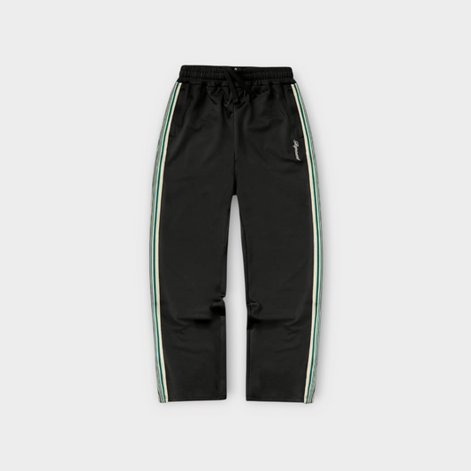 Drop Represent jet black track pants with white and green side taping and embroidered logo detail