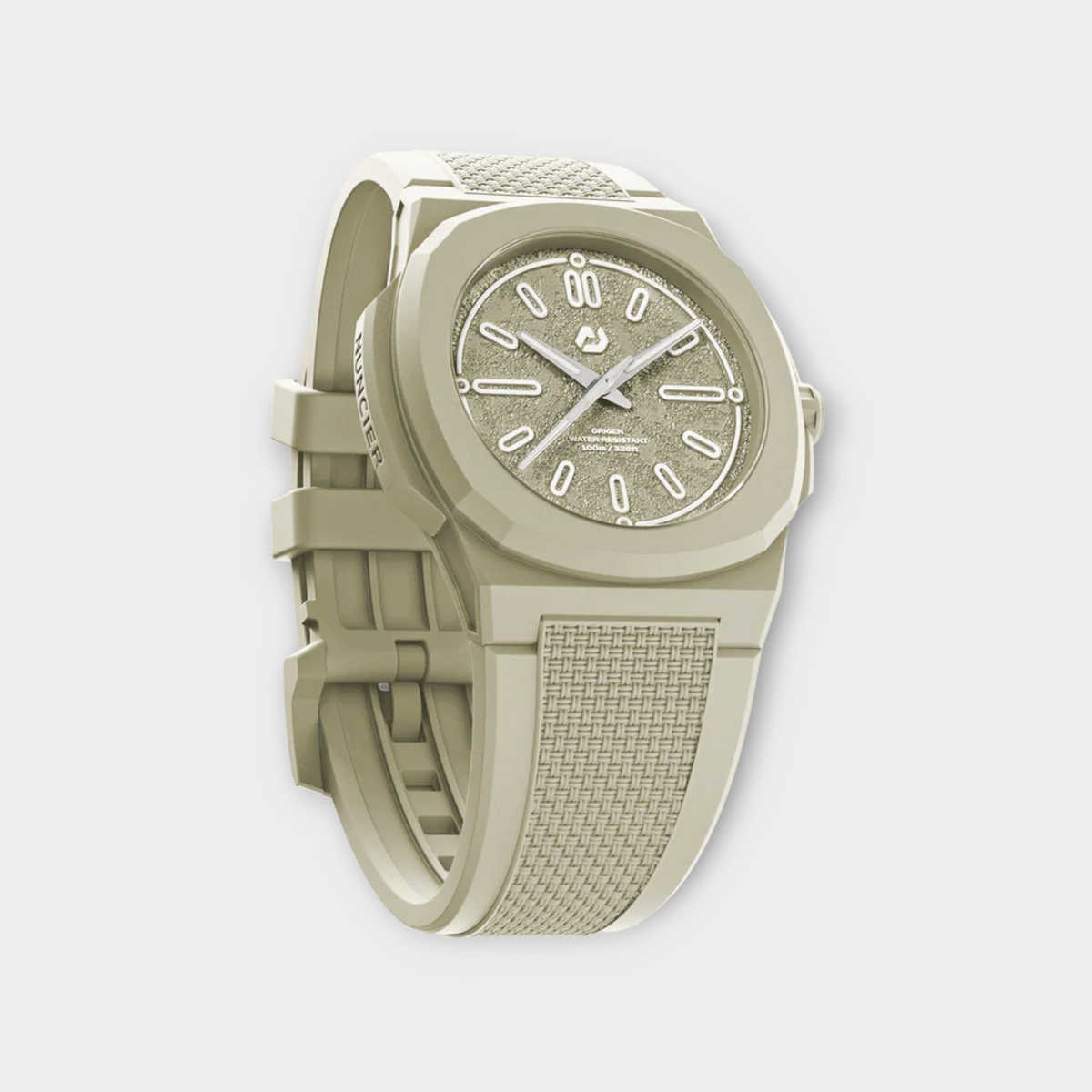 Drop Nuncier Sand Beach Summer Edition watch with a beige textured silicone strap and matching octagonal case.