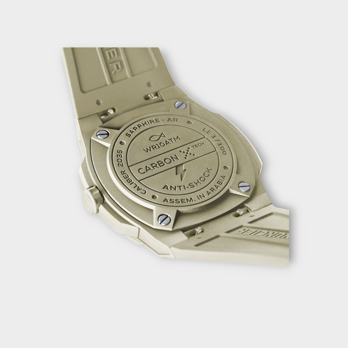 Drop Nuncier Sand Beach Summer Edition watch case back showing carbon tech, sapphire crystal, and rubber strap